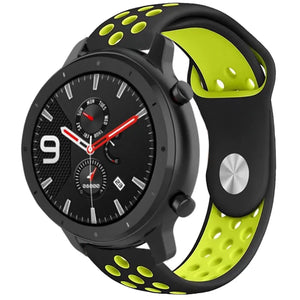Silicone Sport Strap, black/yellow, on a watch, 3/4 front view
