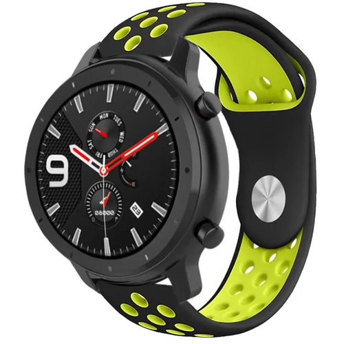 Silicone Sport Strap, black/yellow, on a watch, 3/4 front view