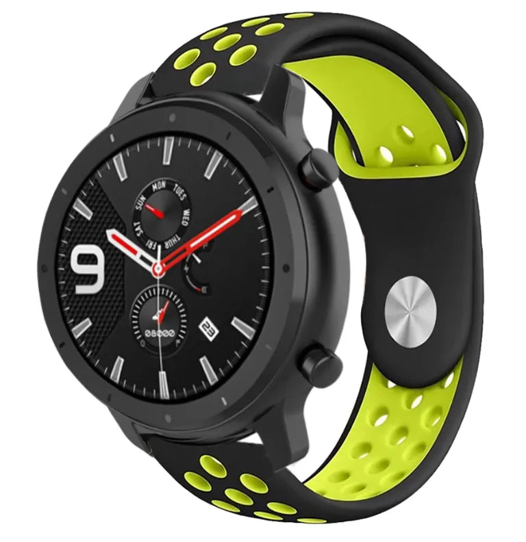 Silicone Sport Strap, black/yellow, on a watch, 3/4 front view