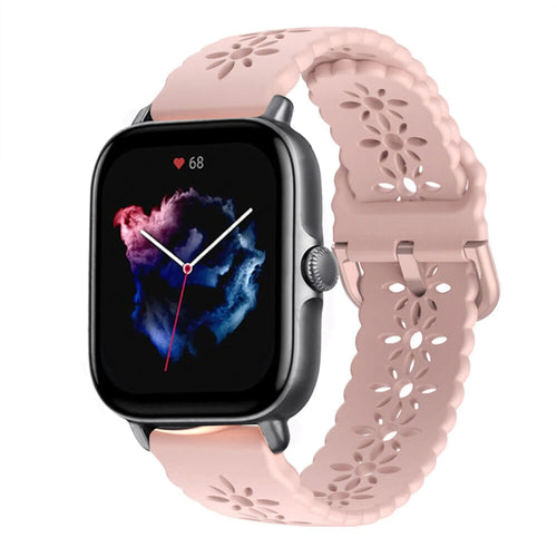 Patterned Silicone Strap, pink, on a watch, 3/4 front view