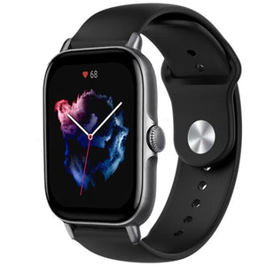 Silicone Sport Strap, black, on a watch, 3/4 front view