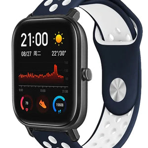 Silicone Sport Strap, blue/white, on a watch, 3/4 front view