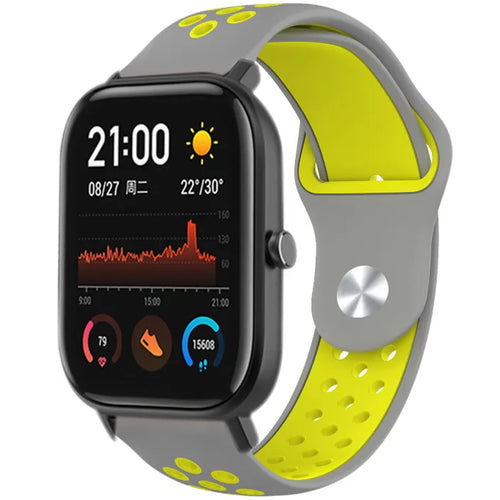 Silicone Sport Strap, grey/yellow, on a watch, 3/4 front view