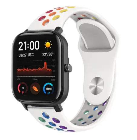 Silicone Sport Strap, white/colourful, on a watch, 3/4 front view