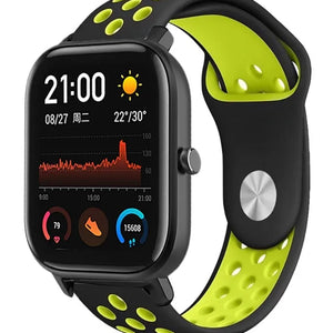 Silicone Sport Strap, black/yellow, on a watch, 3/4 front view