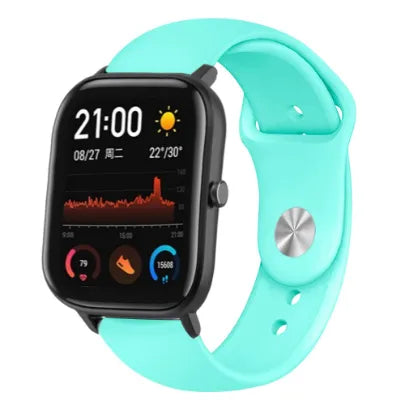Silicone Sport Strap, aqua, on a watch, 3/4 front view
