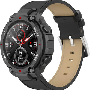 Leather Strap, black, on a watch, 3/4 front view