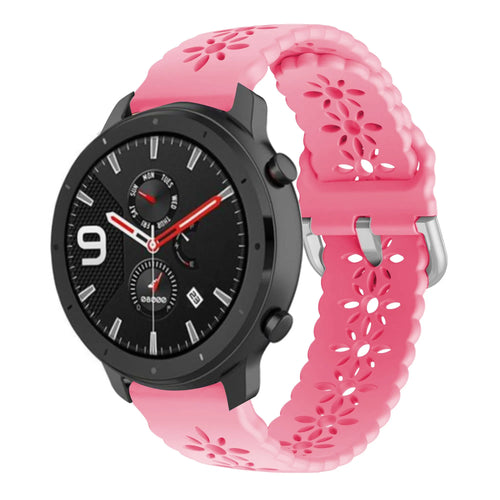 Patterned Silicone Strap, bright pink, on a watch, 3/4 front view