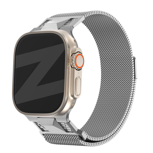 Milanese Strap 'Mecha', silver, on a watch, 3/4 front view