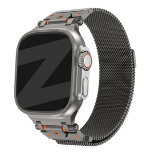 Rugged Milanese Strap, titanium grey, on a watch, 3/4 front view
