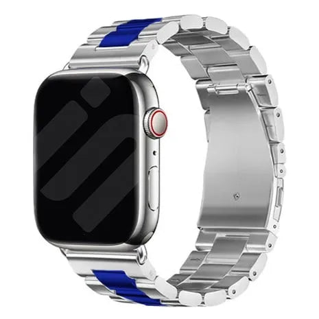 Steel Strap, silver/blue, on a watch, 3/4 front view
