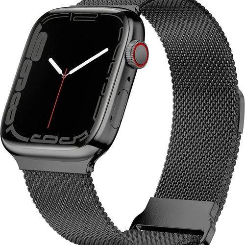 Milanese Strap with Buckle, black, on a watch, 3/4 front view