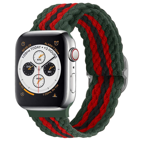 Braided Nylon Strap, red/black, on a watch, 3/4 front view