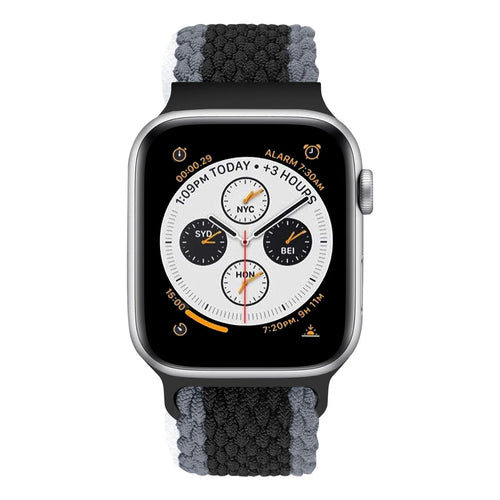 Braided Nylon Strap, black/grey, on a watch, 3/4 front view