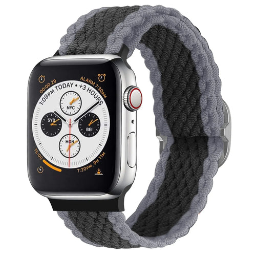 Braided Nylon Strap, black/grey, on a watch, 3/4 front view
