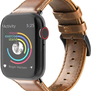 Leather Strap, brown, on a watch, 3/4 front view