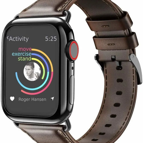 Leather Strap, dark brown, on a watch, 3/4 front view