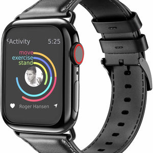 Leather Strap, black, on a watch, 3/4 front view