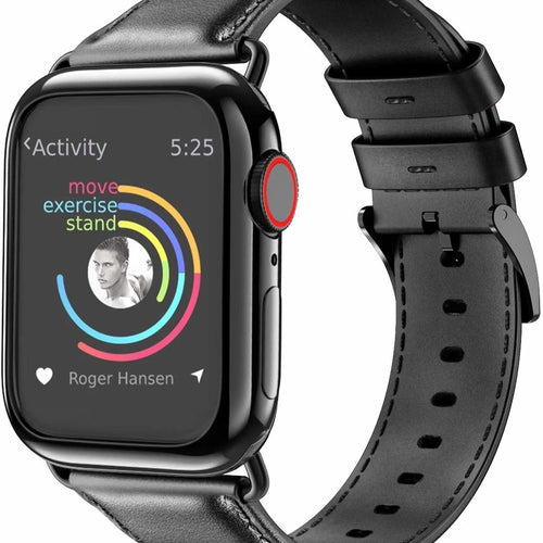Leather Strap, black, on a watch, 3/4 front view