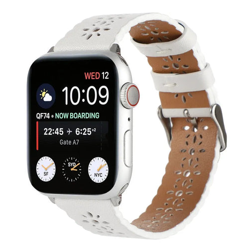 Patterned Leather Strap, white, on a watch, 3/4 front view