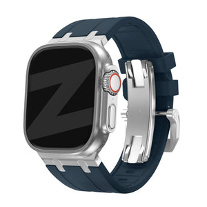 Silicone Strap 'Luxe Liquid', blue/silver, on a watch, 3/4 front view