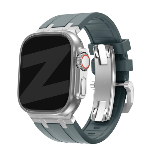 Silicone Strap 'Luxe Liquid', dark grey with silver, on a watch, 3/4 front view