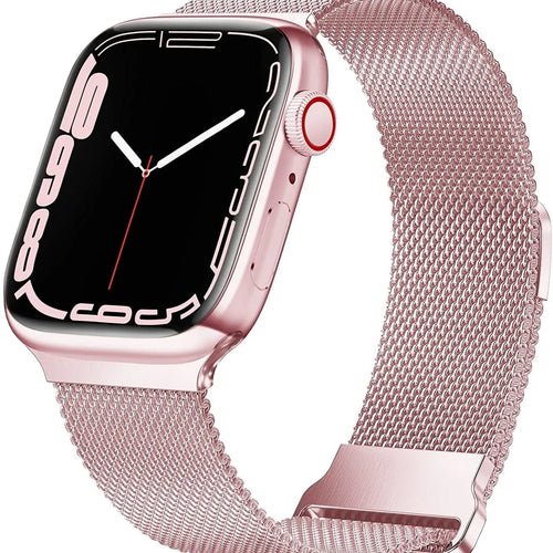Milanese Strap with Buckle, pink, on a watch, 3/4 front view