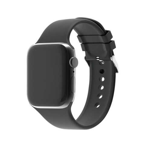 Silicone Strap with Buckle, black, on a watch, 3/4 front view
