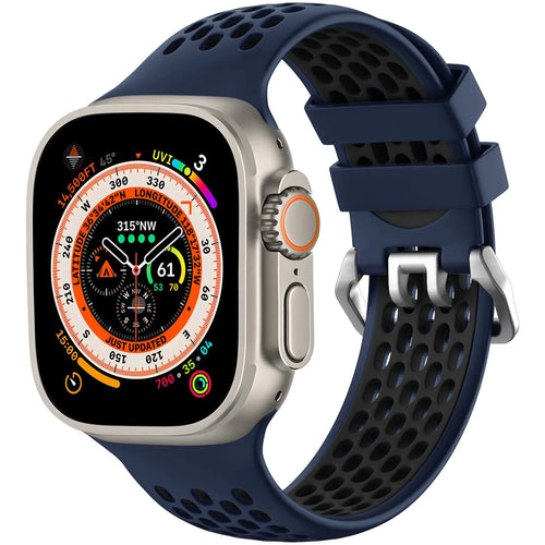 Silicone Buckled Sport Strap, dark blue/black, on a watch, 3/4 front view