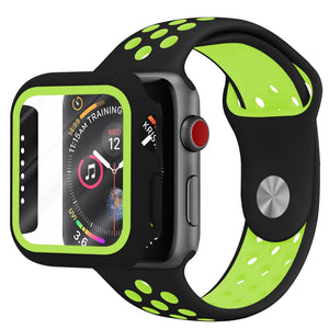 Silicone Sport Strap + TPU Case, black/yellow, on a watch, 3/4 front view