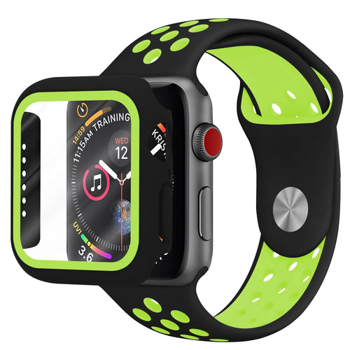 Silicone Sport Strap + TPU Case, black/yellow, on a watch, 3/4 front view