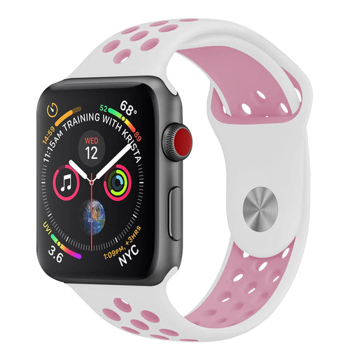 Silicone Sport Strap + TPU Case, white/pink, on a watch, 3/4 front view