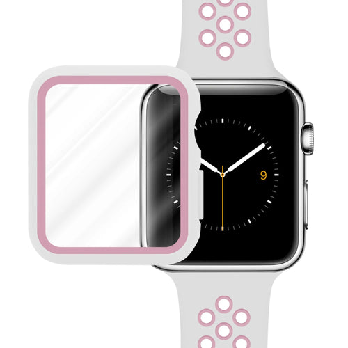 Silicone Sport Strap + TPU Case, white/pink, on a watch, 3/4 front view