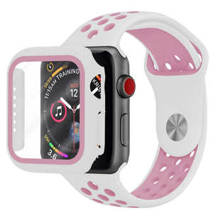 Silicone Sport Strap + TPU Case, white/pink, on a watch, 3/4 front view