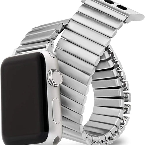 Elastic Steel Strap, silver, on a watch, 3/4 front view