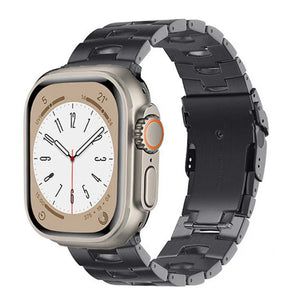 Titanium Grain Strap, graphite, on a watch, 3/4 front view