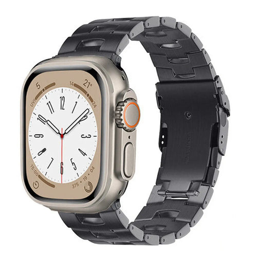 Titanium Grain Strap, graphite, on a watch, 3/4 front view