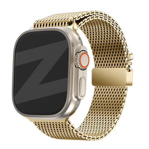 Milanese Loop Strap P-Buckle, gold, on a watch, 3/4 front view