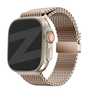 Milanese Loop Strap P-Buckle, rose gold, on a watch, 3/4 front view
