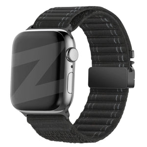 Nylon Strap 'Deluxe' P-Buckle, black, on a watch, 3/4 front view
