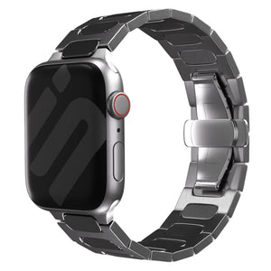 Bullet Titanium Strap, graphite, on a watch, 3/4 front view