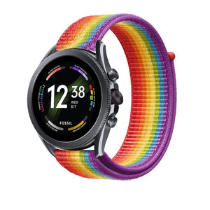 Nylon Strap, rainbow, on a watch, 3/4 front view