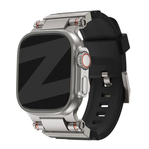 Silicone Strap 'Explorer', black with titanium, on a watch, 3/4 front view