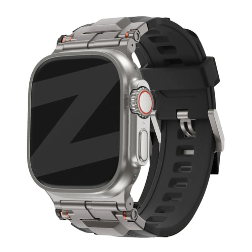 Liquid Silicone Strap 'Explorer', black with titanium, on a watch, 3/4 front view