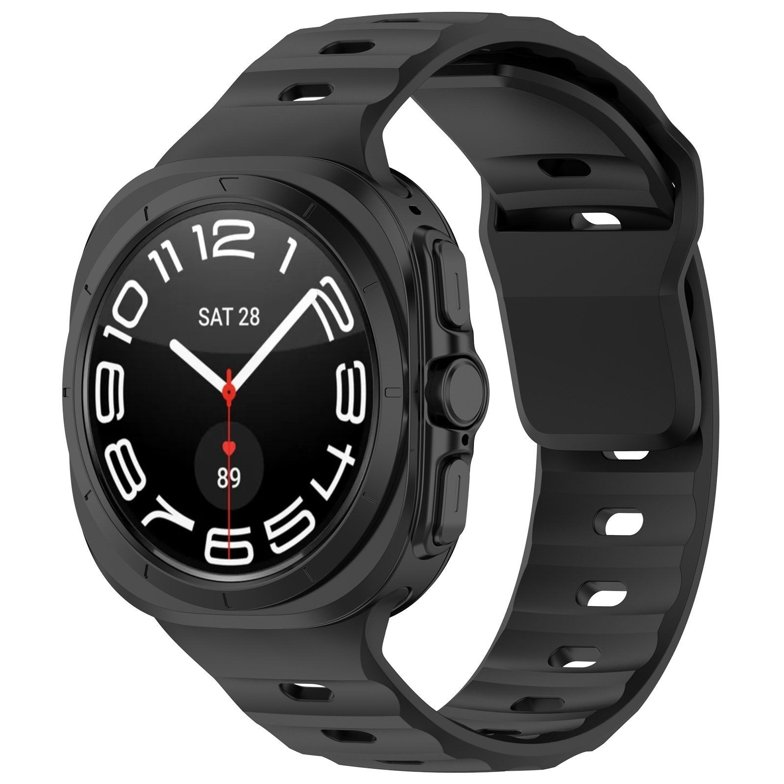Outdoor Silicone Strap, black, on a watch, 3/4 front view