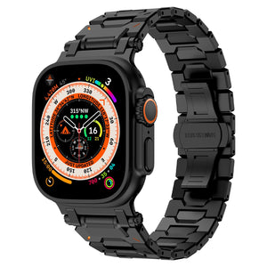 Explorer Steel Strap, black, on a watch, 3/4 front view