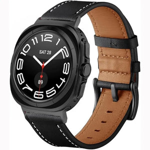 Leather Strap, black, on a watch, 3/4 front view