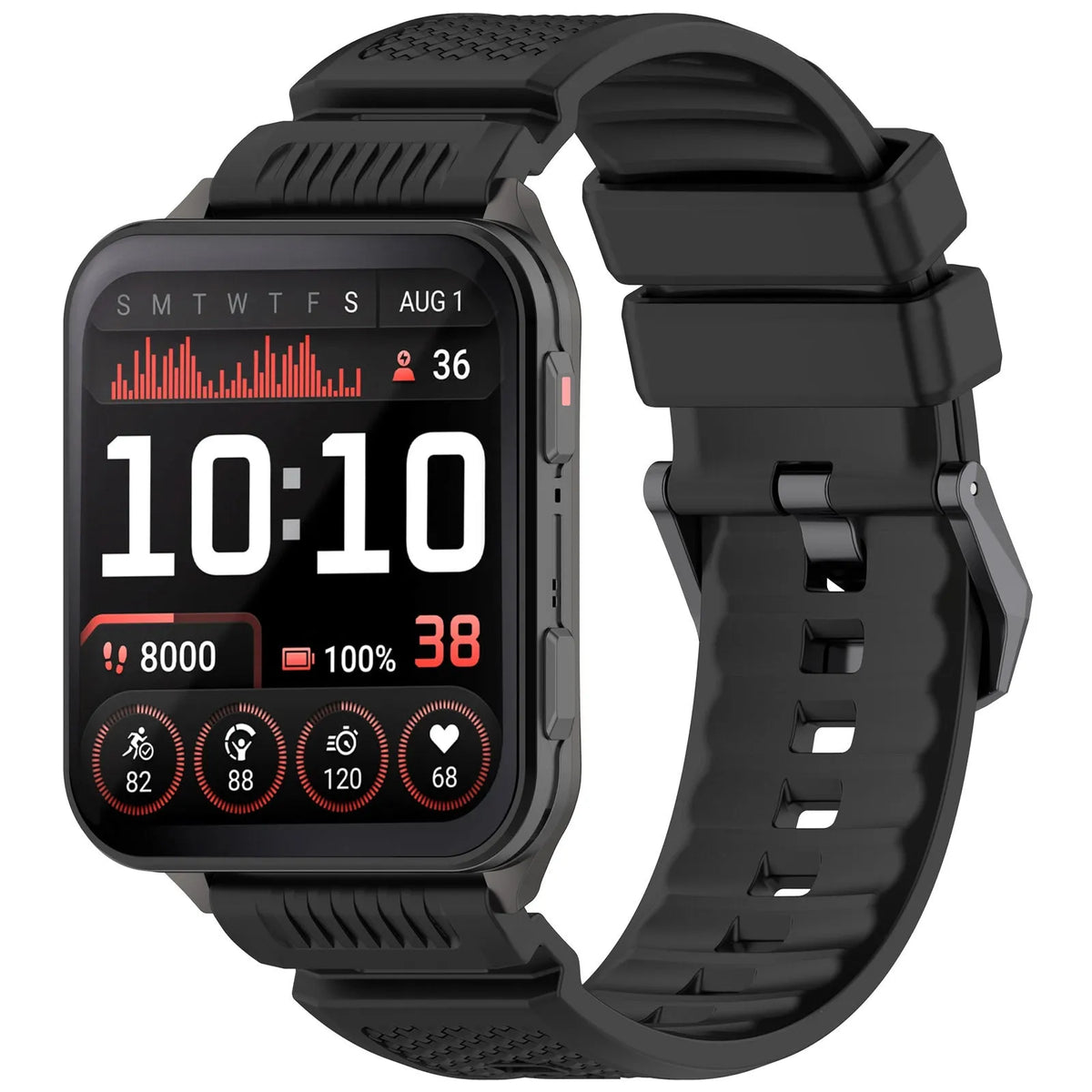 Silicone Strap, black, on a watch, 3/4 front view