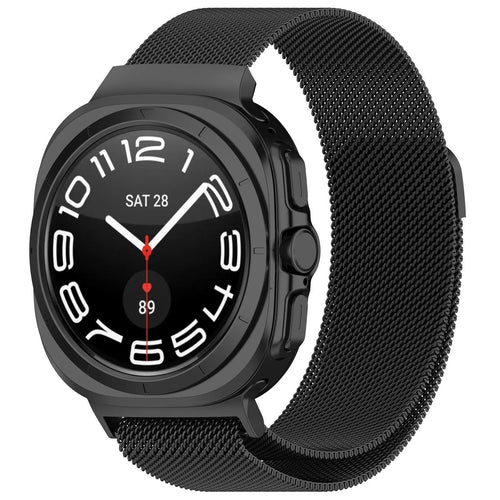Milanese Strap, black, on a watch, 3/4 front view