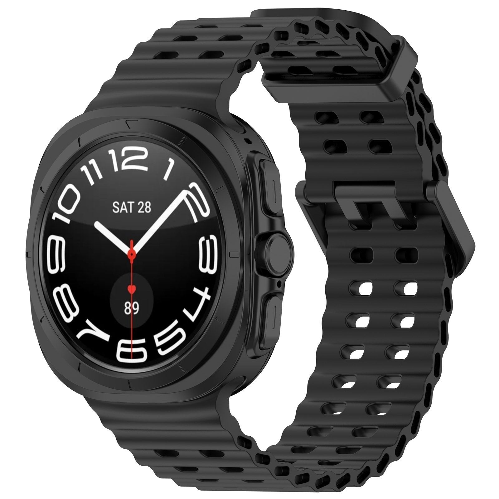 Silicone Ocean Strap, black, on a watch, 3/4 front view
